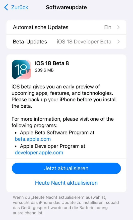 开鲁苹果手机维修分享苹果 iOS / iPadOS 18 开发者预览版 Beta 8 发布 